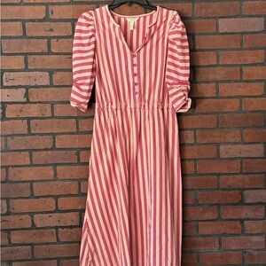 Matilda Jane Small Red Pink Striped Midi Dress Puff Sleeve‎ Button Front
